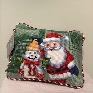 Mr Bingle 2025 Holiday Santa & Snowman Needlepoint Pillow - Green